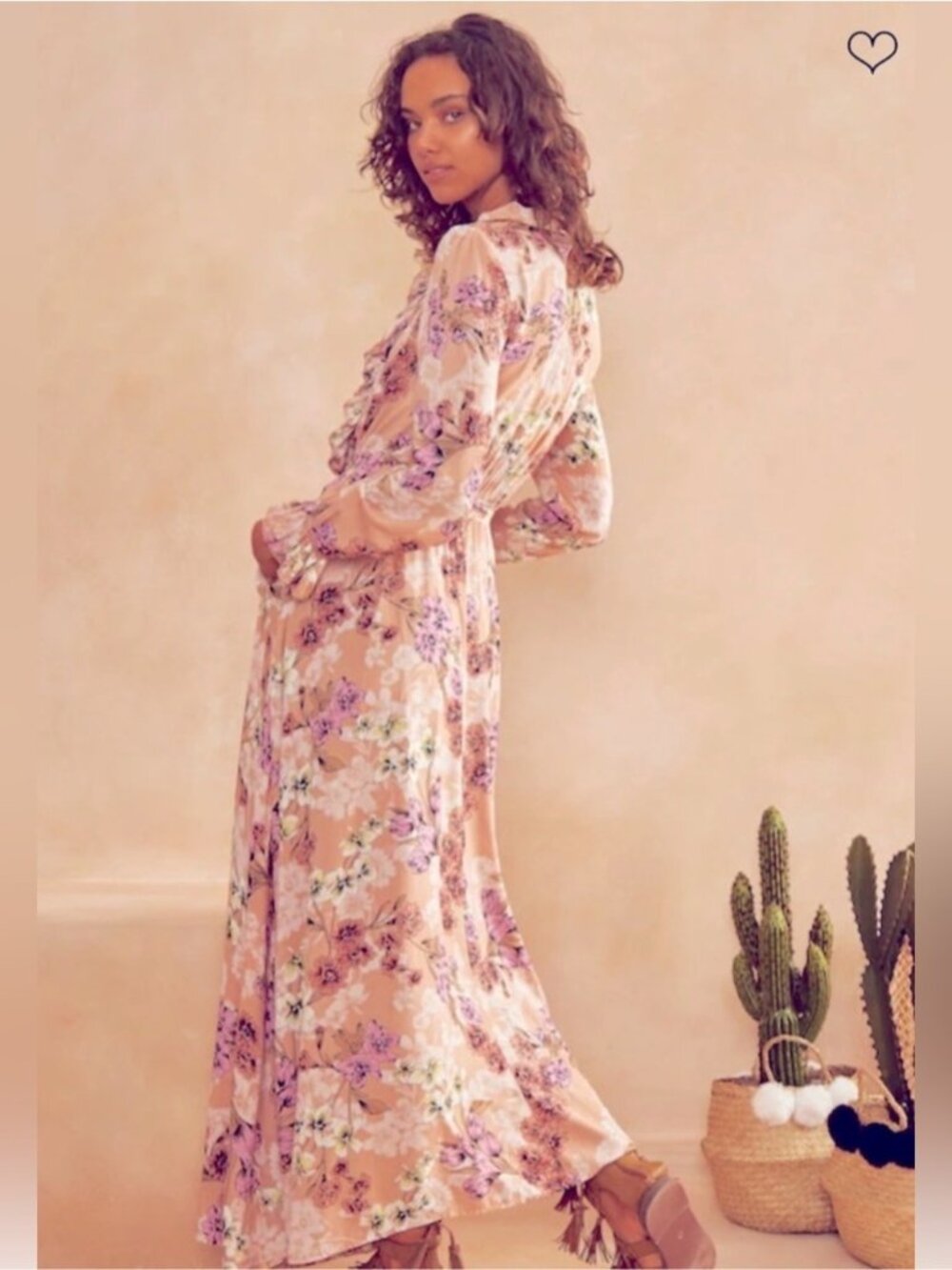 Jaase Chantal Boho Floral Ruffle Romantic Maxi Dress Peach Pink Handcrafted M - Picture 2 of 13